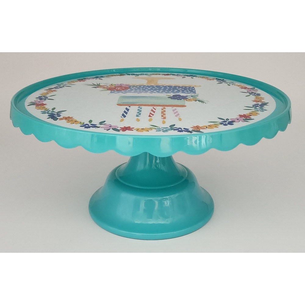 Pioneer Woman Birthday Cake Stand Melamine Teal 10.5in New Floral Scallop - Picture 3 of 9